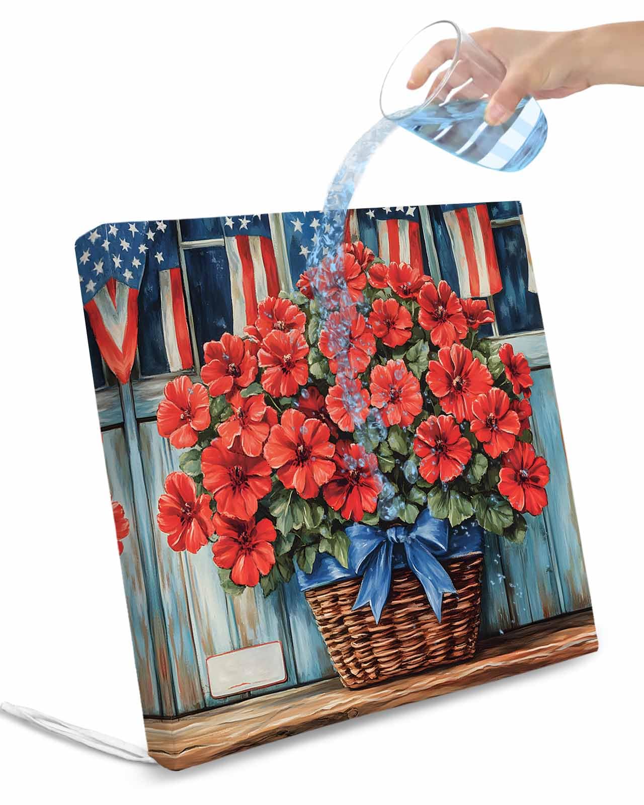 2 Pack 4th of July Waterproof Cushion Covers with Ties, Outdoor Patio Chaise Lounge Chair Seat Cushion Slip Covers Replacement(Only Cover) Patriotic Red Poppy Flowers American Flag 24