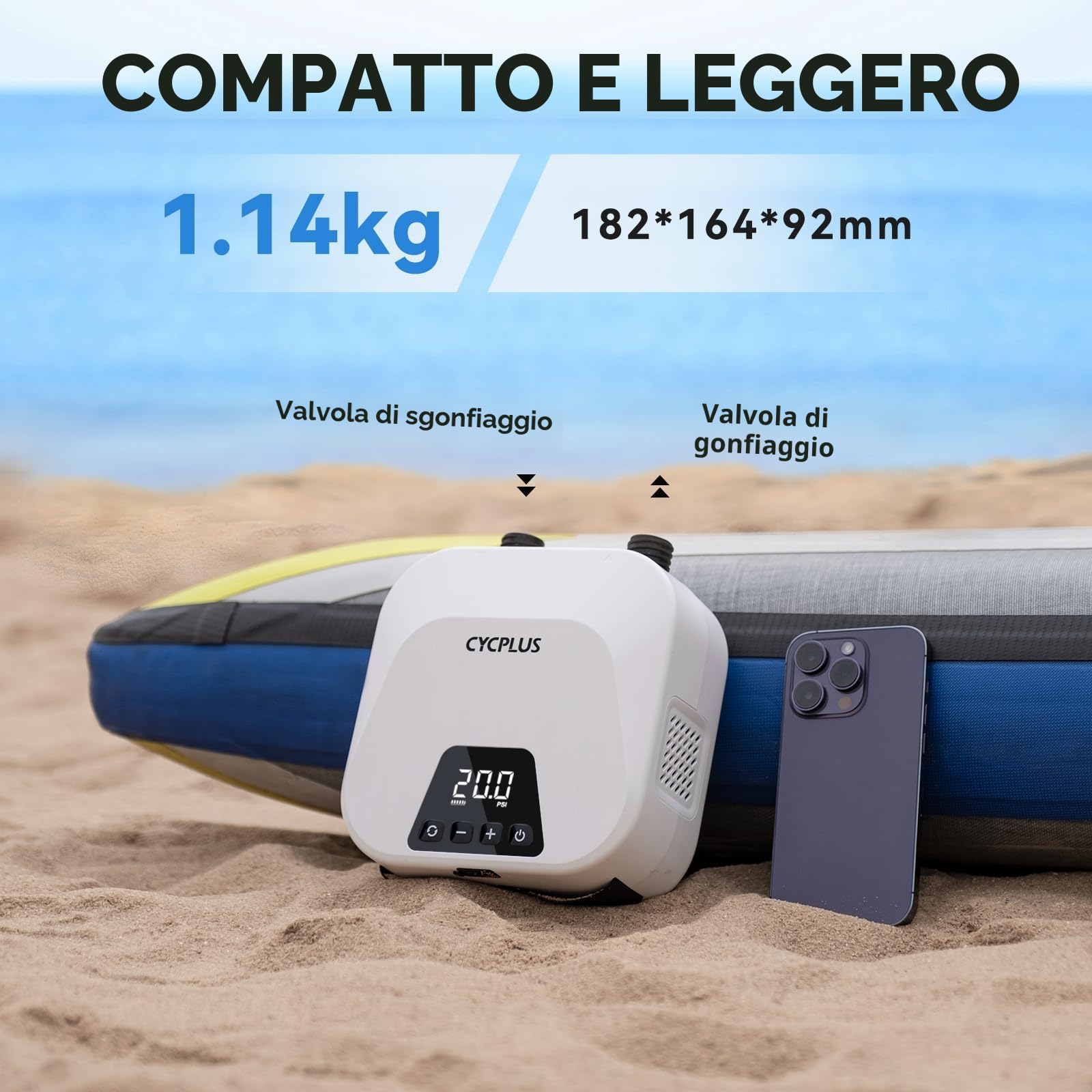 CYCPLUS Pompa d'Aria SUP Smart da 20 PSI, con Batteria Ricaricabile, Gonfiaggio e Sgonfiaggio Intelligente, Arresto Automatico. Ideale per Stand Up Paddle Boards, Aquiloni, Tende, Materassi