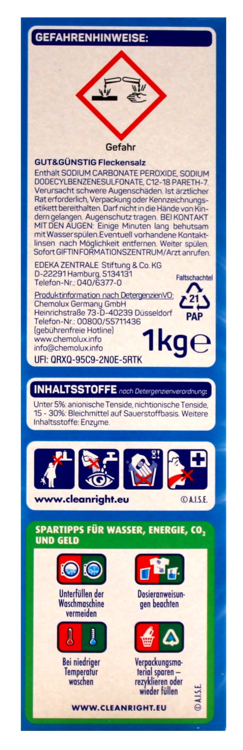 Gut & Günstig Fleckensalz Waschzusatz, 12er Pack (12 x 1 kg)