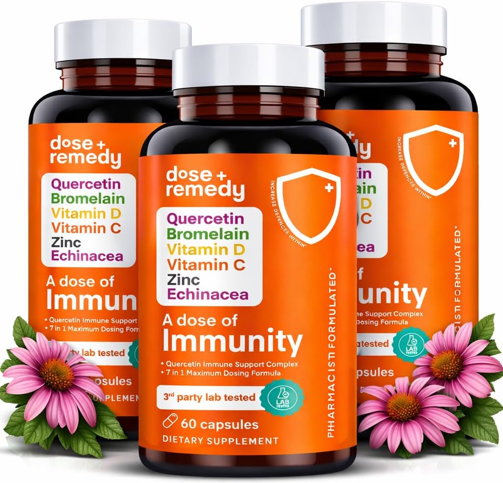 A Dose of Immunity Quercetin with Vitamin C and Zinc, Vitamin D, 500mg Quercetin Bromelain with Echinacea & B Vitamins, Lung Immune Support Supplement 7 in 1 Immune Defense Immunity Booster(180 Count)