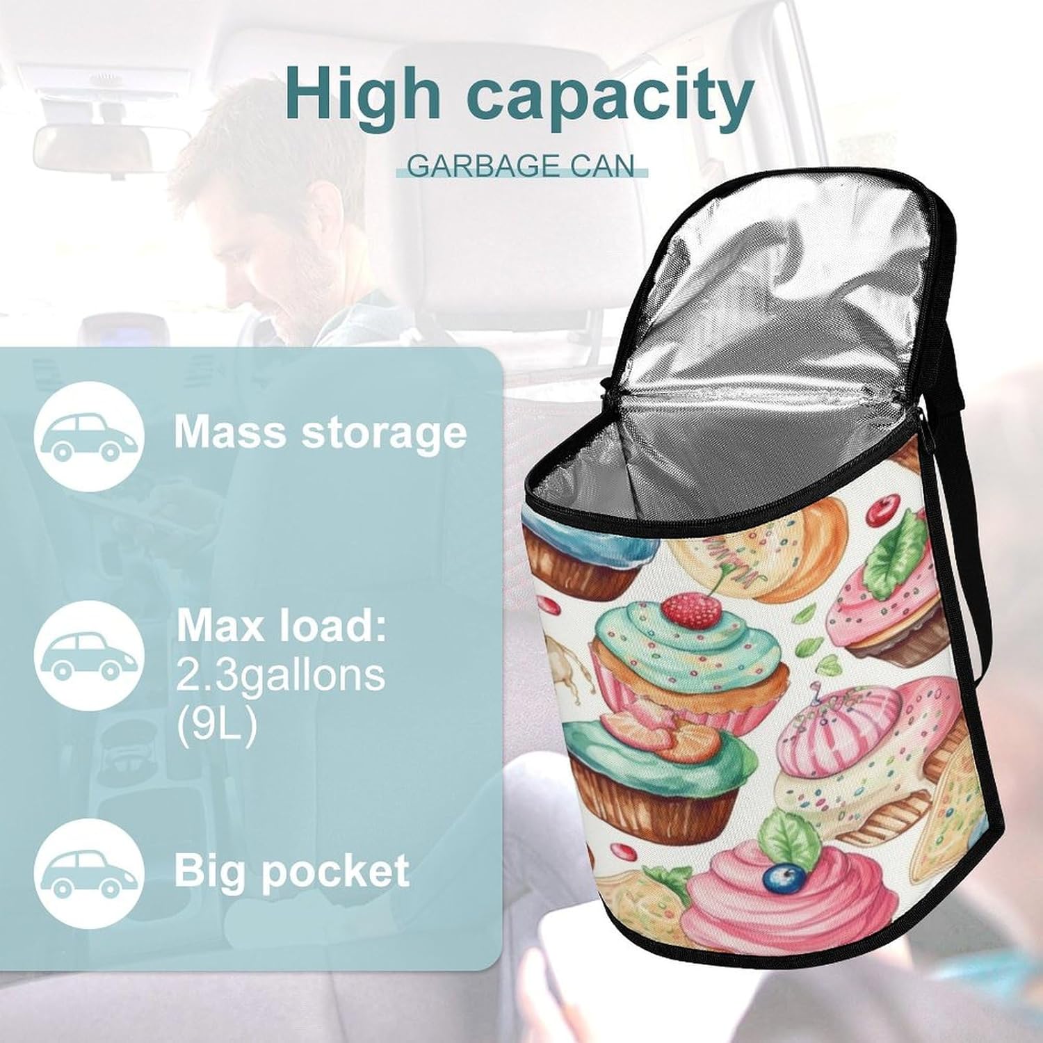 Hanging Car Trash Bag Cupcakes Donuts Muffins Sugar Printed Car Garbage Storage Bag Leakproof Car Trash Can Portable Garbage Storage Bags