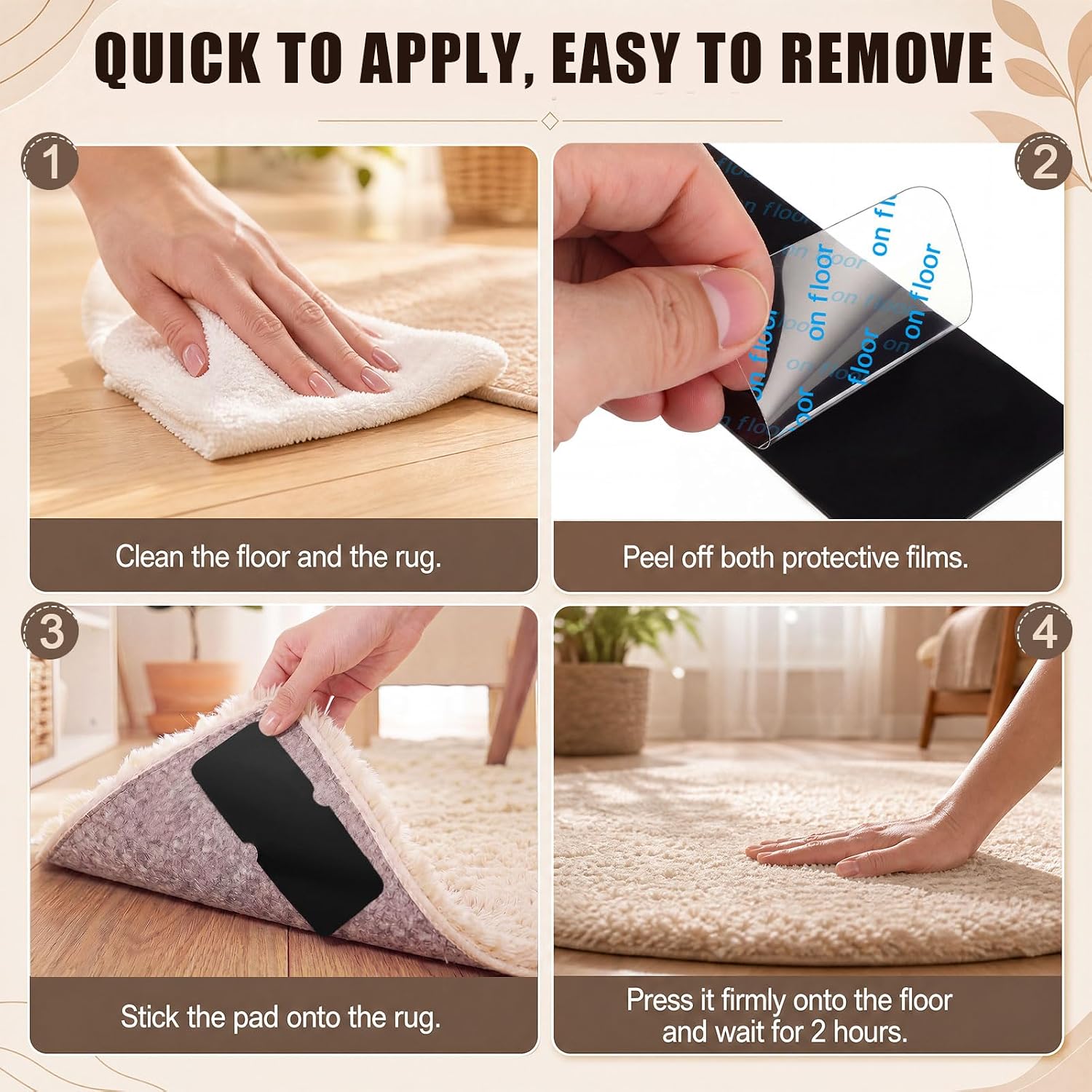 48 Pcs Cuttable Rug Grippers Bulk Reusable Carpet Tape for Hardwood Floors Black Washable Grippers Non-Slip Rug Pads Keep Corners Flat for Tile Laminate Wood Floors