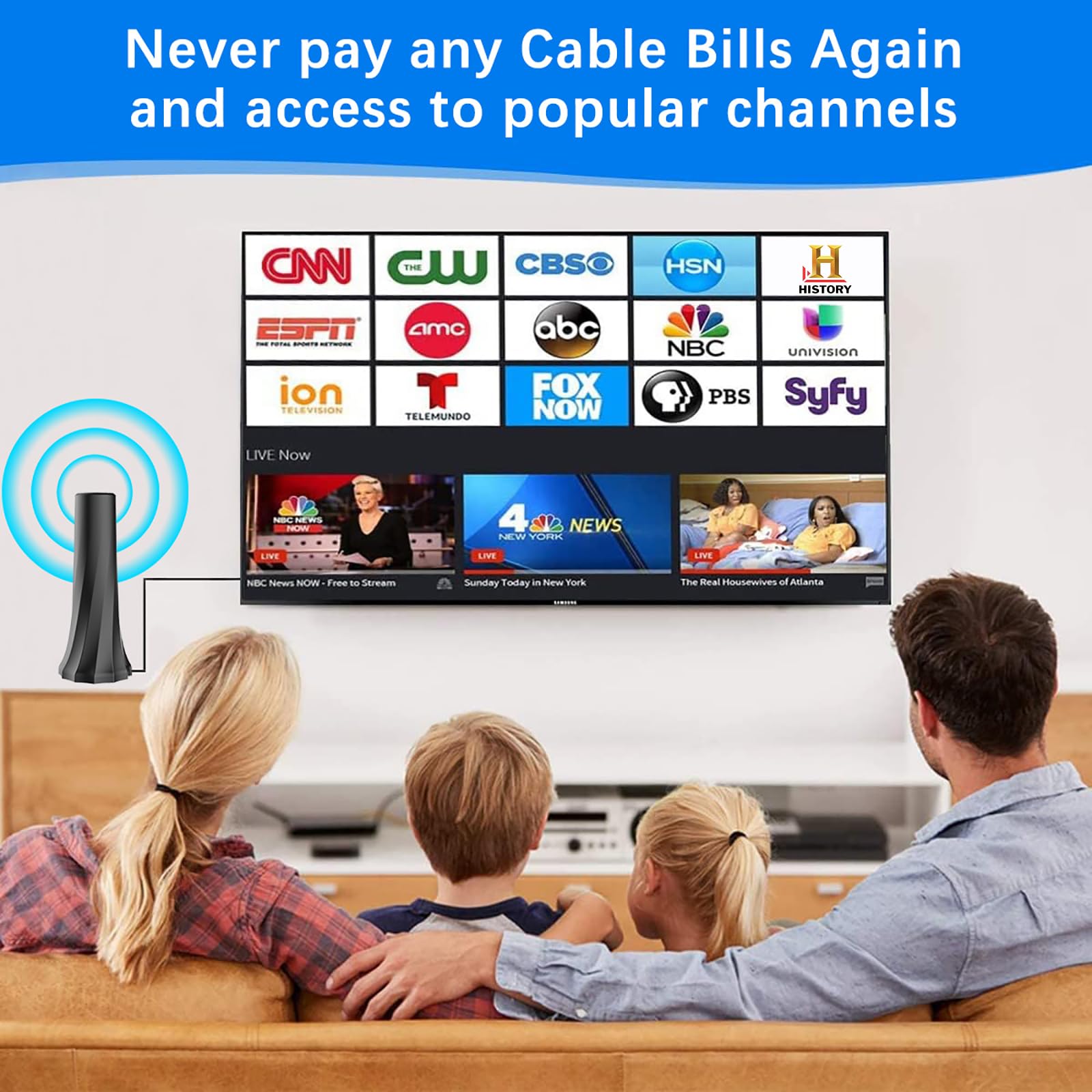 Antena de TV 2026, antena de TV para televisores inteligentes con recepción de amplificador de señal de 360°, antena HD para canales locales de más de 4500 millas, antena digital para interiores