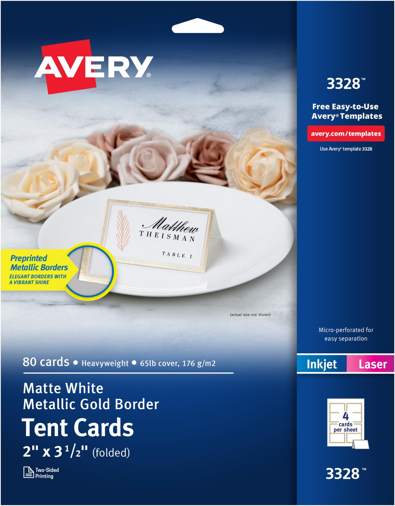 Avery Printable Tent Cards, 2" x 3.5", White, Metallic Gold Borders, Laser/Inkjet, 80 Blank Place Cards (3328)