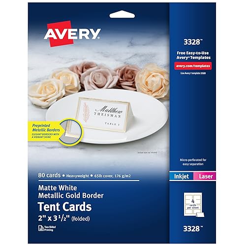 Avery Printable Tent Cards, 2" x 3.5", White, Metallic Gold