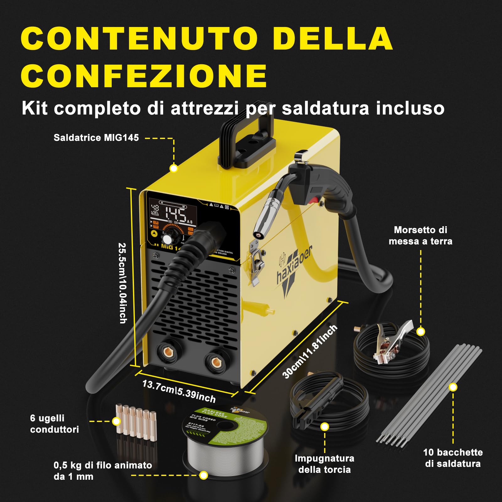 HAXIAOER 145A Saldatrice a Filo Continuo No Gas, 3 In 1 ARC/Flux MIG/MMA Lift TIG Saldatrice MIG con Luce LED, Compatta Saldatrice a Inverter, Avanzamento Filo Sinergico