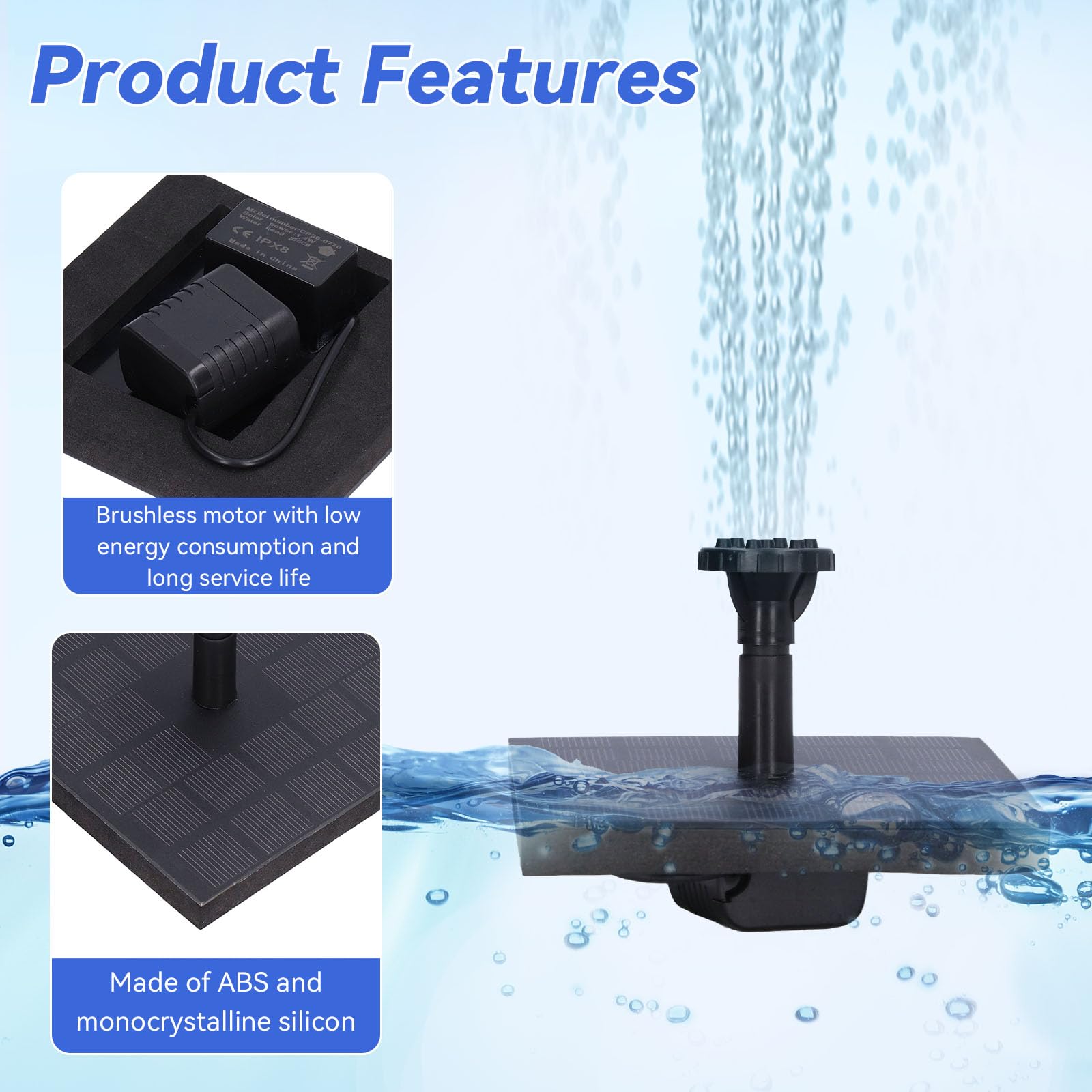 7V 1.4W Solar Fountain Pump for Bird Bath,Solar Fountain with Multiple Nozzles & Fixed Pipes,Monocrystalline Silicon Square Floating Solar Water Pump for Garden,Courtyard,Fish Tank