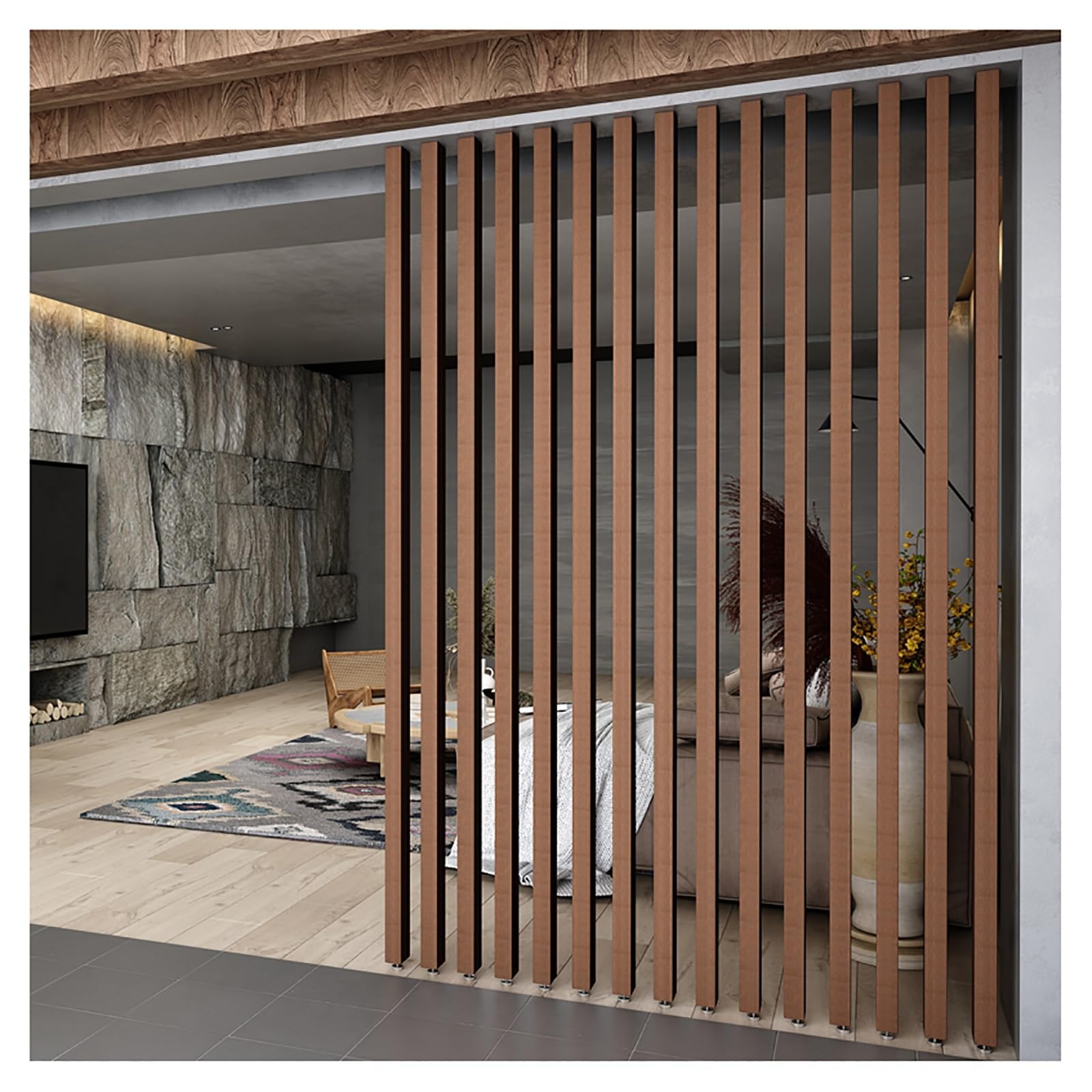 Room Divider Floor to Ceiling Wooden Slats，Privacy Screens Room Partition Post，Freestanding Modern Wall Post Partition，Living Dining Study Sitting-Room DIY Separator Post(6root,215cm/84.6in/7.05ft)