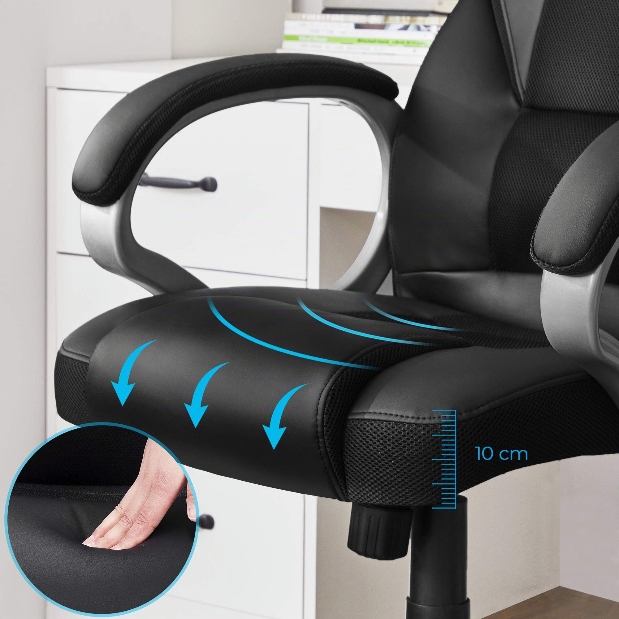 SONGMICS Fauteuil Gamer Ergonomique Pivotant Hauteur Réglable avec Roulettes Noir 73 x 70 x 122 cm