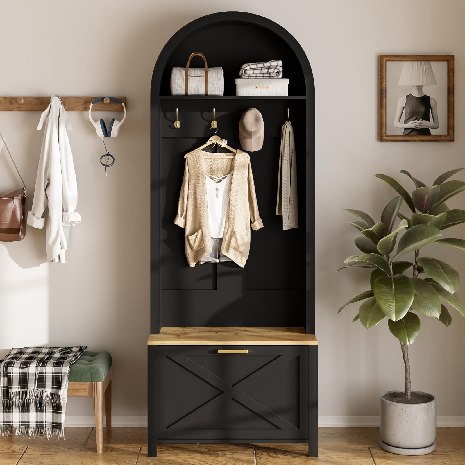 Ensemble de vestiaire Armoire multifonctionnelle avec étagère à Chaussures, Compartiments de Rangement et Crochets ; Meuble de Rangement Moderne doté d'une Base en Fer Robuste (Black)