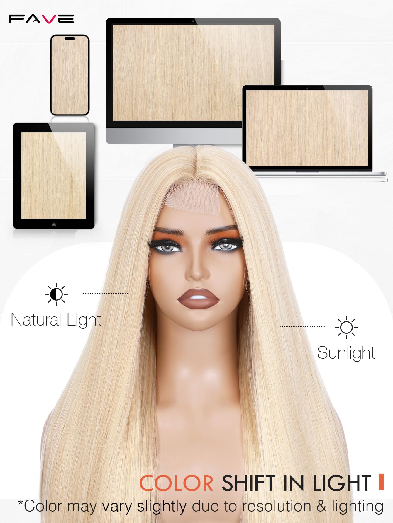 FAVE Peruka blond, 65 cm, damska, długa, odporna na wysokie temperatury, syntetyczna peruka z iluzoryczną koronką, przedziałek na środku, do noszenia na co dzień, do cosplay