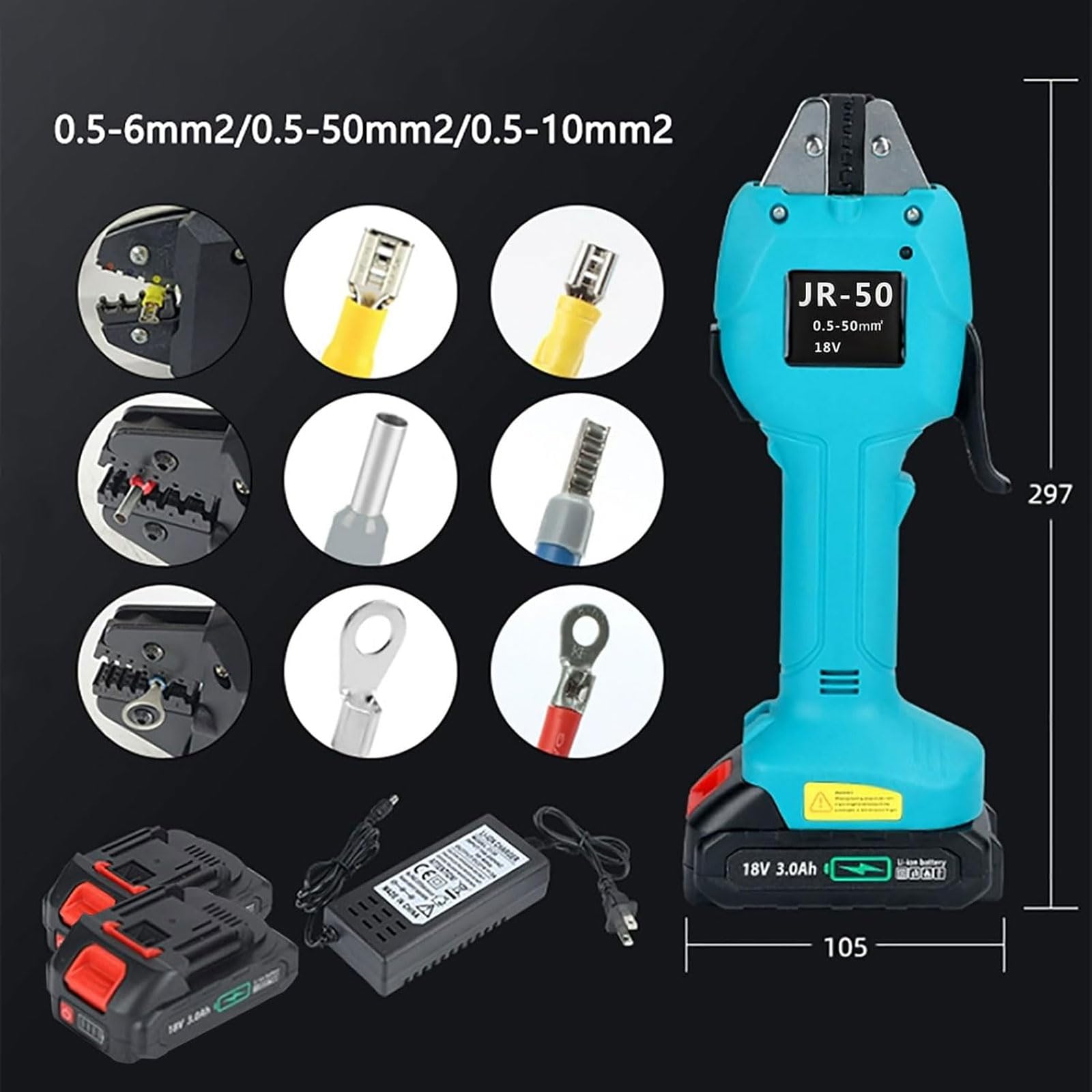 Elektryczne szczypce do zaciskania, hydrauliczne zaciskarki do przewodów z 6 formami, szybkie narzędzie do zaciskania, kompatybilne z drutem 0,5-50 mm², DC 18 V/3 Ah