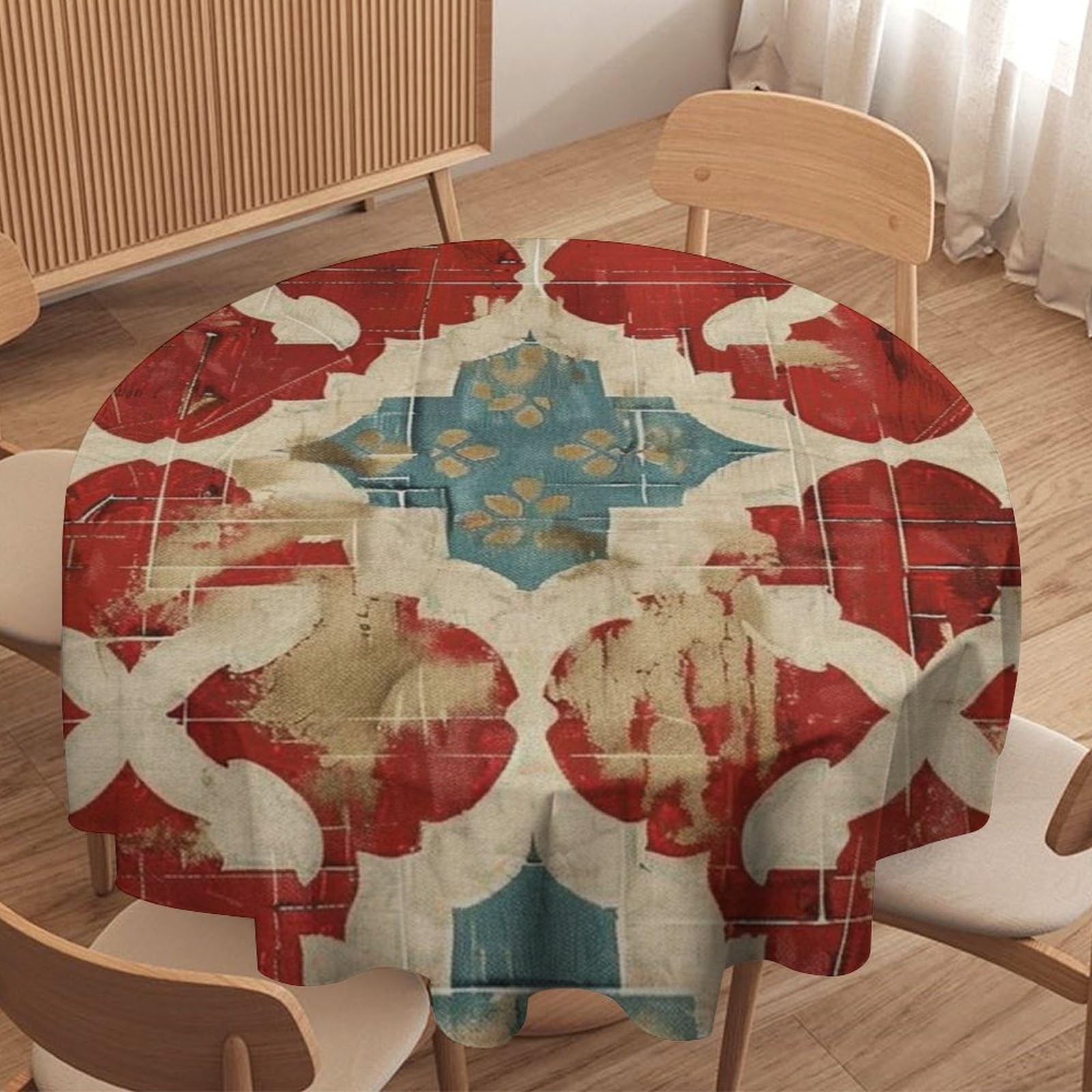 Geometric Kilim Moroccan Ikat Round Table Cloth Asian Style Circle Tablecloths Washable Table Cover for Indoor Outdoor Use Home Kitchen Dining Patio Picnic Table Decoration 70x70in