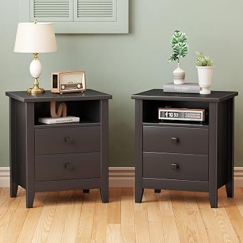 JSB Farmhouse Nightstand Set of 2, Night Stand with 2 Drawers,Open Shelf, End Table/Bed Side/Side Table for Bedroom, Kids Room, Living Room Black, 18.7" W x 15" D x 23.8" H 2 Drawers