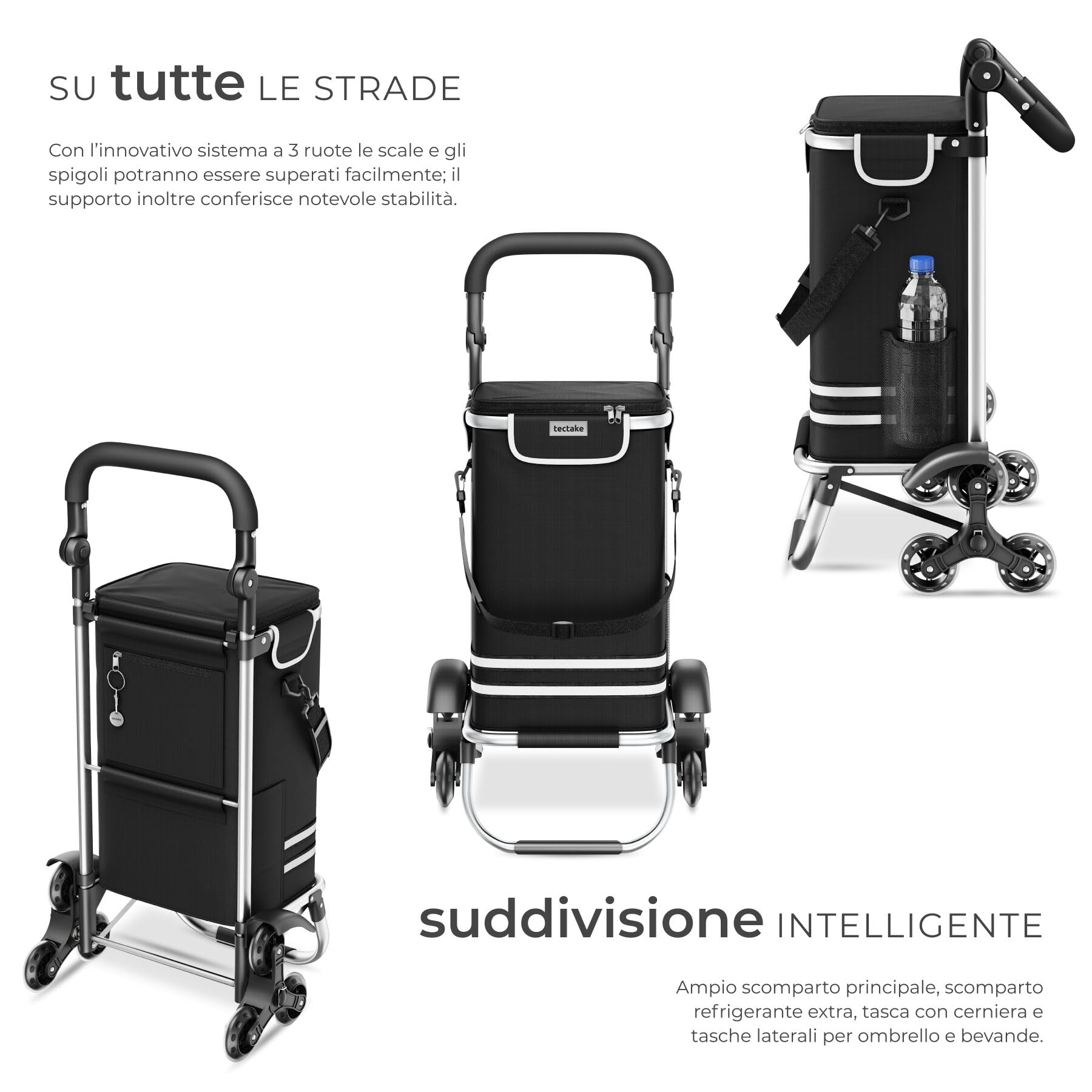 tectake® Carrello Spesa Shopper 3 in 1, Trolley Pieghevole con Borsa Termica per Surgelati, Carrello con Ruote Portatutto, Carrellino Spesa Con Ruote a Stella, Capacità max 30 kg / 56 L - Nero