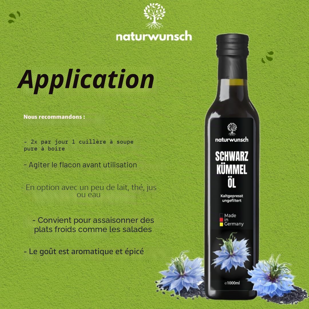 naturwunsch Huile de nigelle 1000 ml, non filtrée, pressée à froid, fraîchement fabriquée en Allemagne – Graines égyptiennes de Nigella sativa