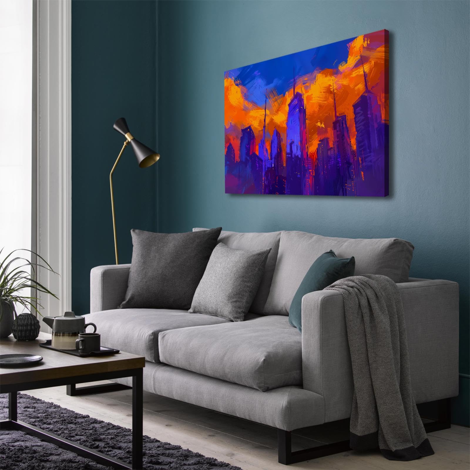 UIRINGART Bleu et Orange Aquarelle Toile Affiche Future Ville Scène Nuit Décor Mural Pour Chambre Salon Couloir Salle Bain Bureau 60x80cm Cadre Intérieur