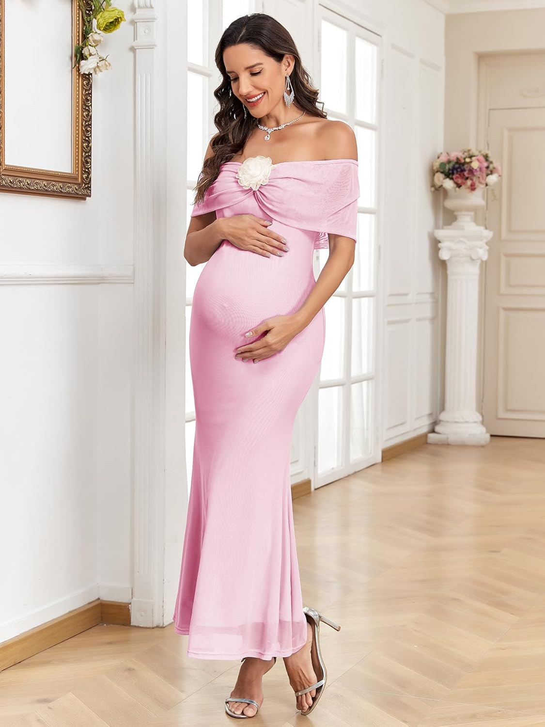 Maternity Off The Shoulder Mermaid Maxi Dress Sleeveless Mesh Bodycon Pregnancy Dresses Baby Shower with Floral