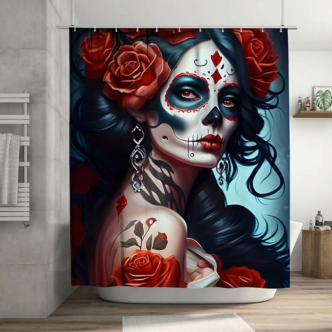 Day of The Dead Shower Curtains, Mexican Style Sugar Skull Girls Washable Waterproof Fabric for Bathroom Decor Bathtub with 12 Hooks 72x72 Inches