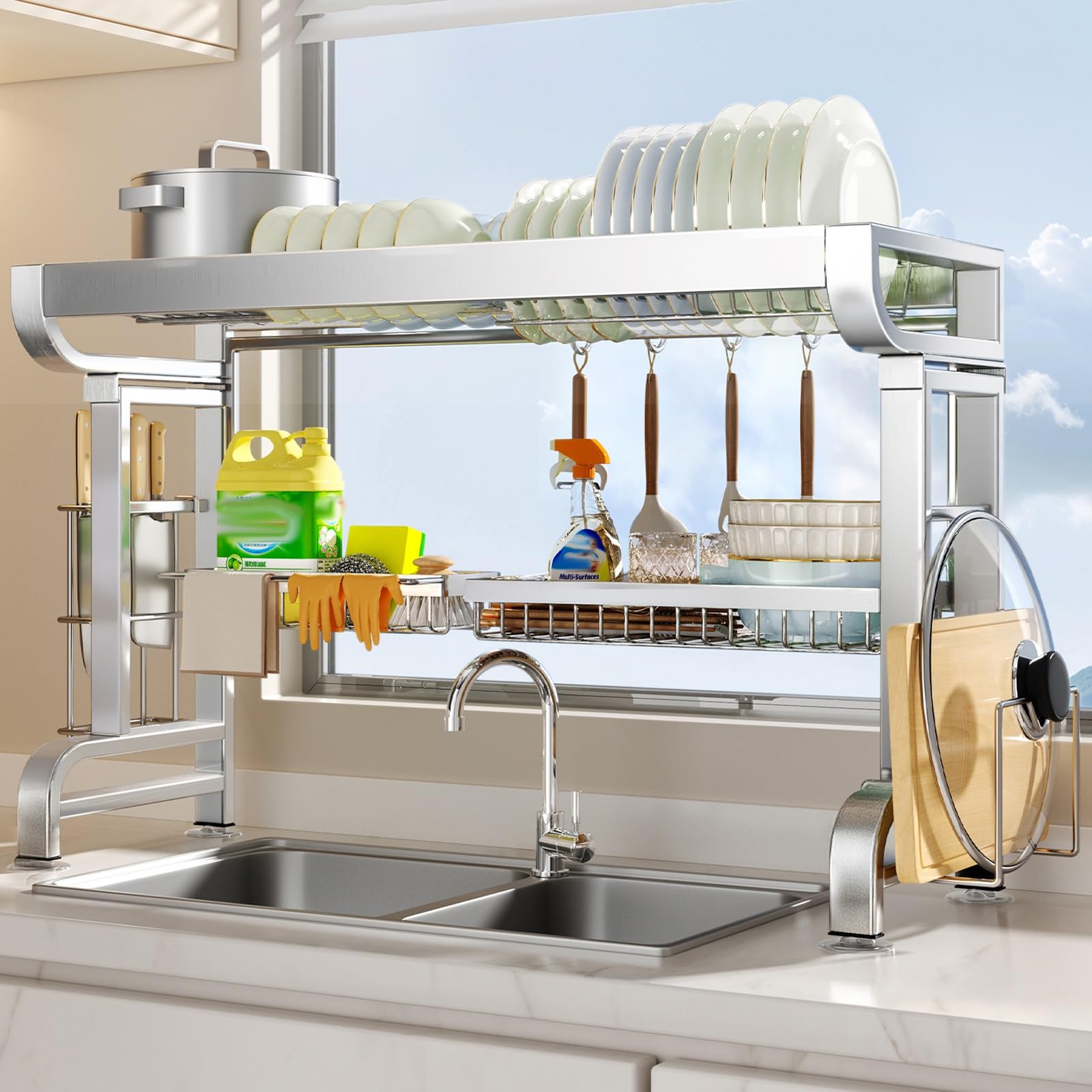Scolapiatti Pieghevole in Acciaio Inox sopra Il lavello, Senza Installazione, Grande capacità di stoccaggio per Ciotole/Piatti/Utensili (salvaspazio) (75 cm/29,5 Pollici)