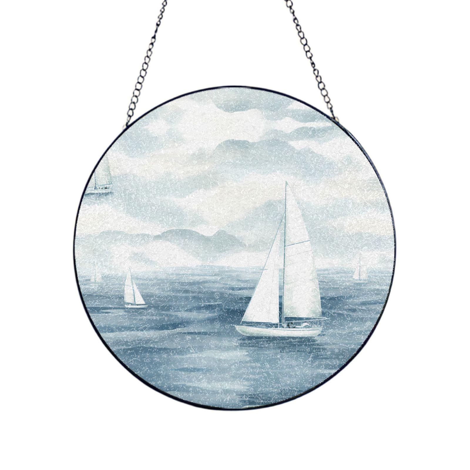 Phayah Sailboat Sketch Print Glass Window Hanging Sun Catchers Suncatcher Decor For Birthday For Home Garden Porch 10in（25cm）