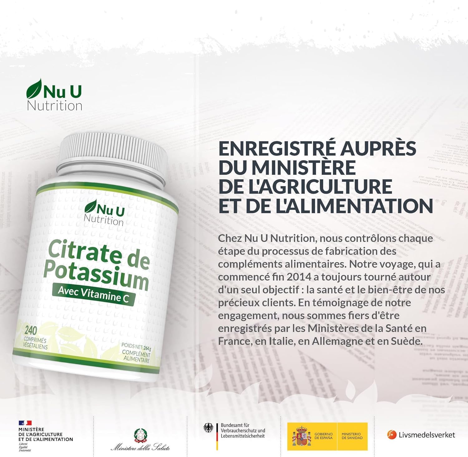 Potassium 1550mg & Vitamine C - 240 Comprimés Végétaliens - 4 Mois d’Approvisionnement - Citrate de Potassium à Forte Puissance - Support d'Électrolytes Naturels - Nu U Nutrition