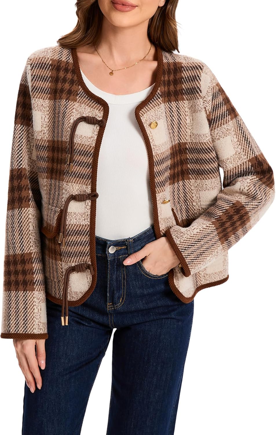 HOULENGS Women's Vintage Button Down Cardigan Sweater Plaid Print Long Sleeve Knit Coat Fall Fashion Outerwear with Pockets - Image 2