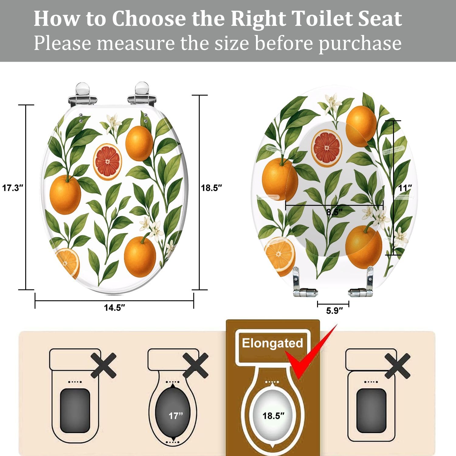 Elongated Toilet Seat Vintage orange citrus tree fruits blossom green leaves twigs branches Resin Toilet Seat Quietly Close Quick Release Hinges with Cover Bumpers Decorative Easy to Install Clean