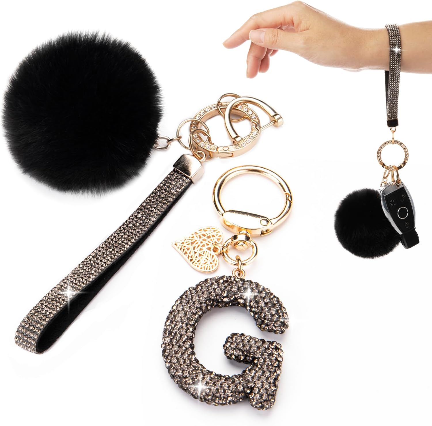 Initial Letter Keychain for Women Girl Bling Rhinestone Sparkly Bag Backpack Purse Charm Cute Pom Pom Key Chain Wristlet