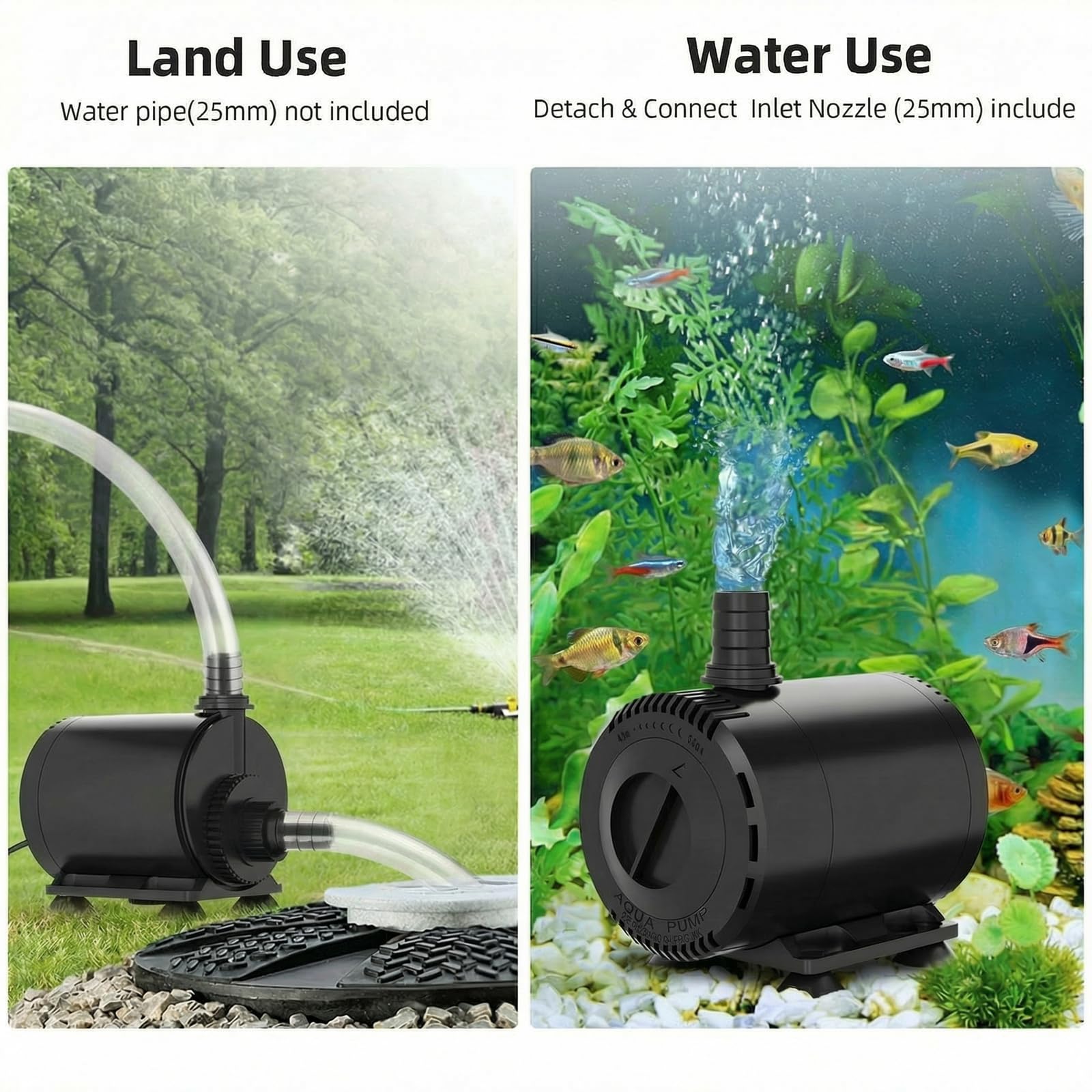SMOOL Zatapialna pompa wodna 4000 l/h 72 W z przewodem 3 m do akwarium fontannowego, zawiera 4 przyssawki i 3 dysze (19/22/25 mm), bez filtra