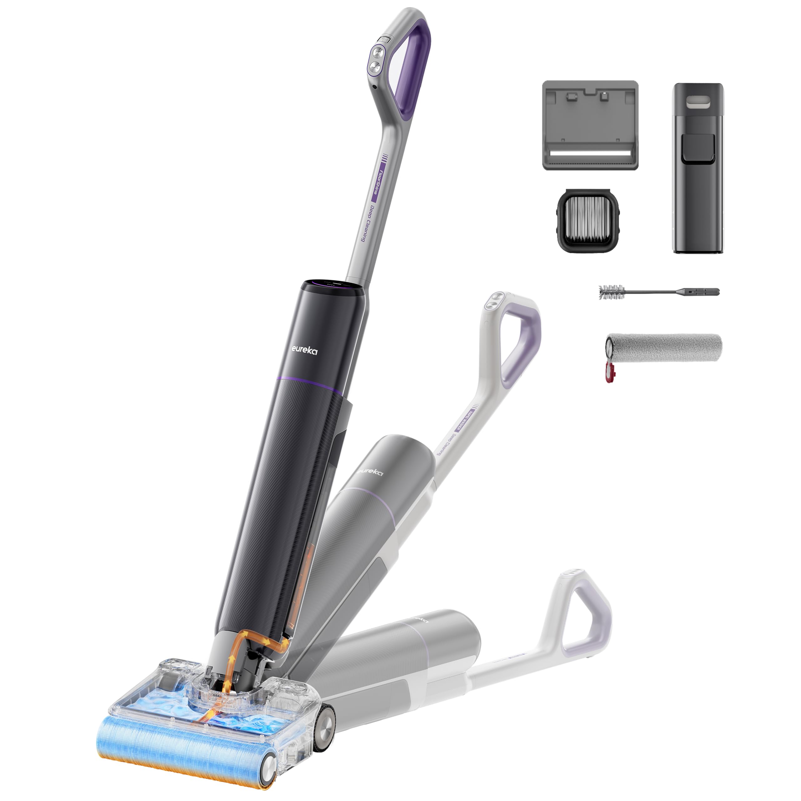 Eureka Aspirateur Laveur sans Fil, 24000Pa Aspiration, Auto-Nettoyage, séchage air Chaud 70°C, Brosse Anti-emmêlement 3.0, 180° à Plat, sols durs & Poils Animaux,Floorshine 830