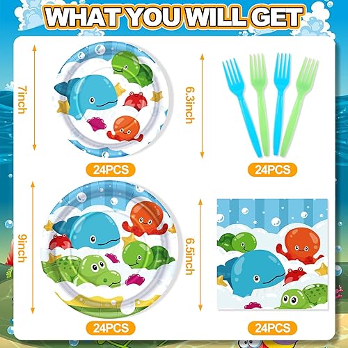 Miniatura 2 de SCIONE 96 platos y servilletas de fiesta de océano bajo el mar, decoraciones de fiesta de cumpleaños del océano, suministros de fiesta de delfines