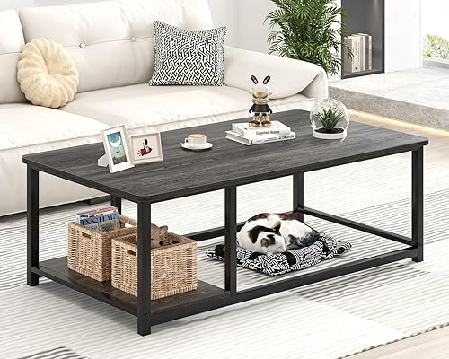 Miniatura 6 de EXCEFUR Mesa de Centro, Mesa de Sala de Estar de Madera Rústica y Metal con Estante de Almacenamiento Ajustable, Gris Oscuro, 47 Pulgadas Gris,Negro
