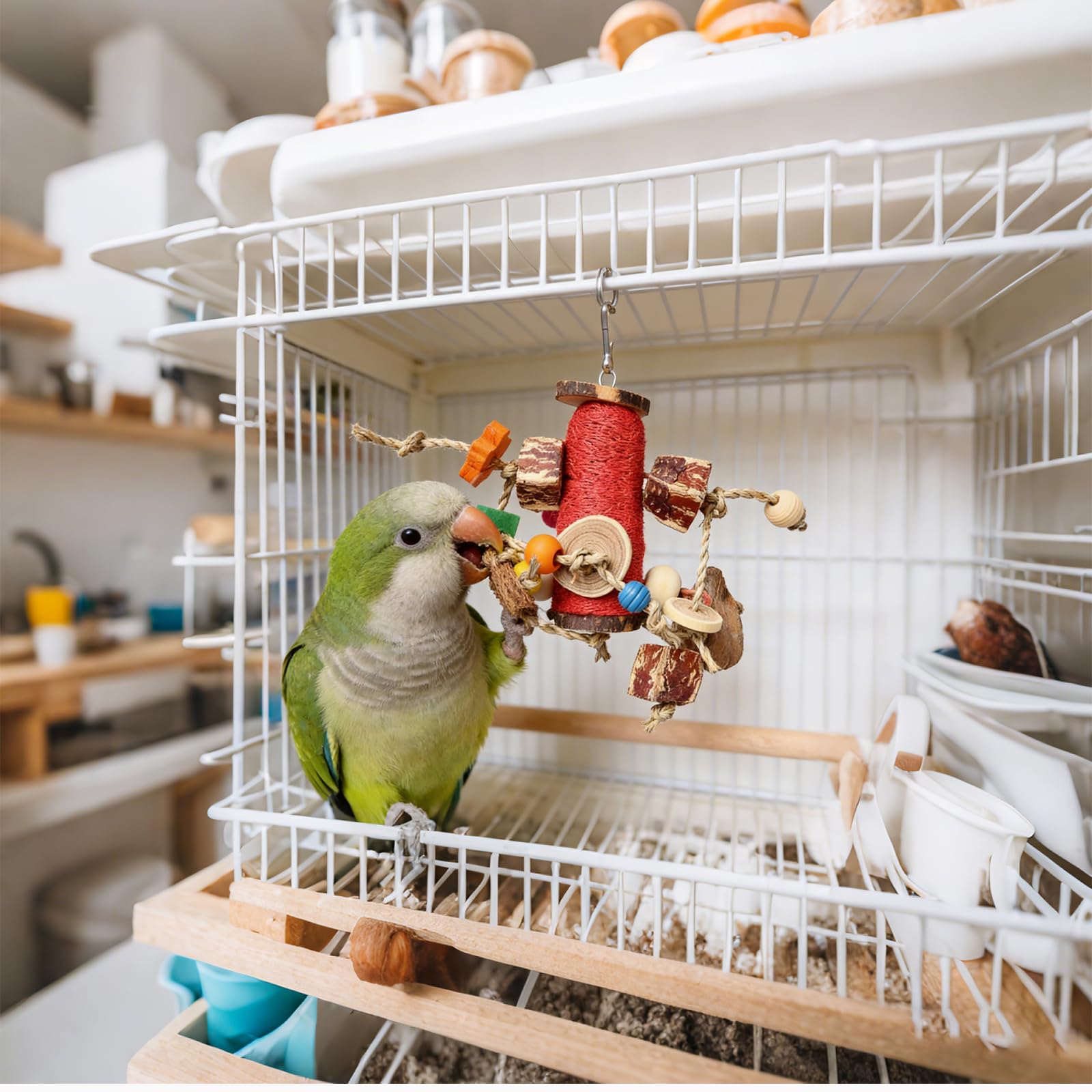 Natural Loofah Parrot Chew Toy - Hanging Bird Shredding Foraging Toy with Colorful Rope, Wood Blocks & Beads for Macaws, Cockatoos, African Grey, Conures - Bird Cage Chewing Entertainment Toy. - image 2