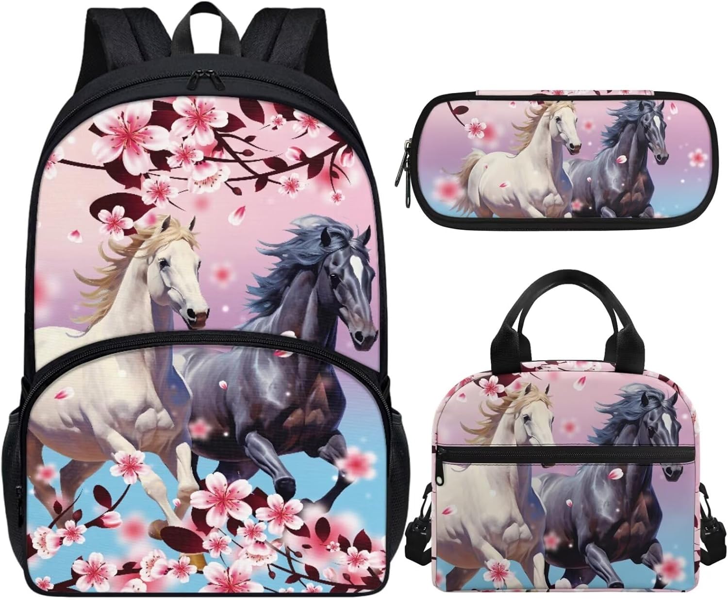 Horse Backpacks for Girls 10-12 with Lunch Box and Pencil Case Cherry Blossom Print Book Bag Kids Elementary Kindergarten Preschool School Bag Cute Daypack Rucksack