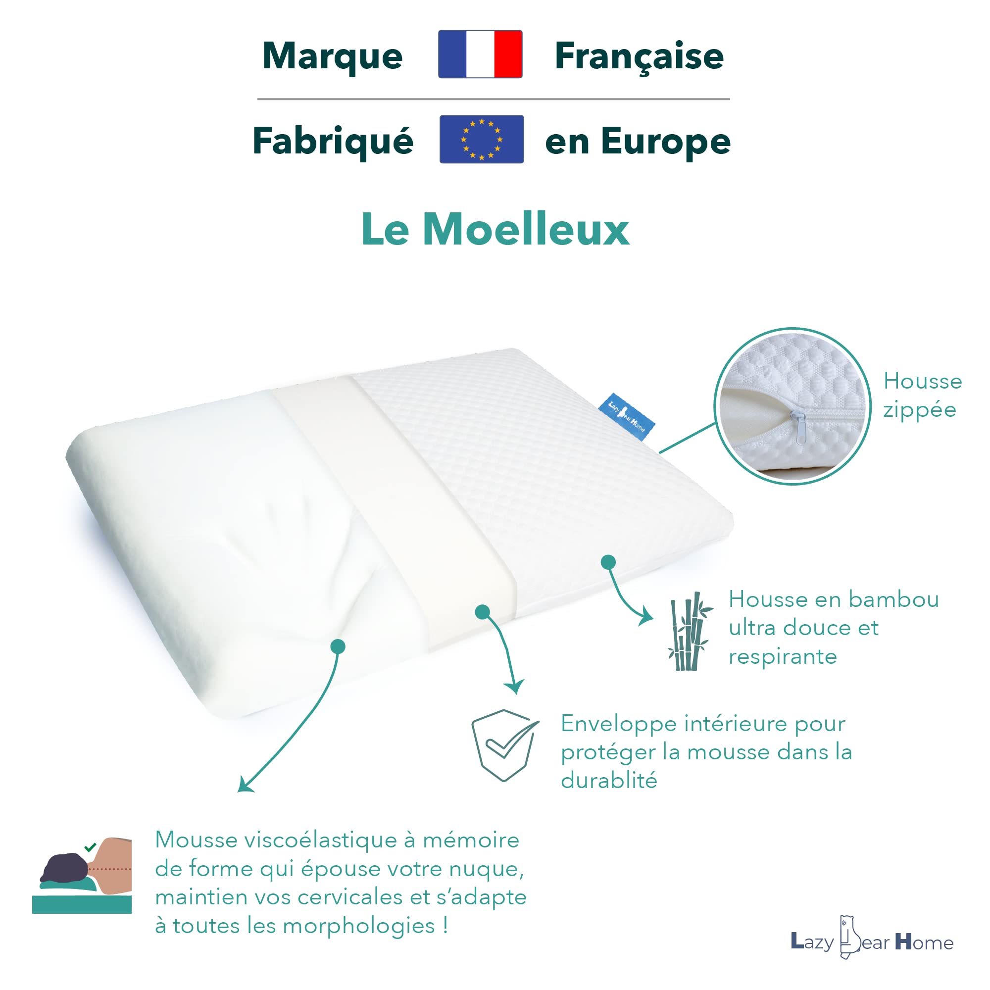 Oreiller ergonomique à mémoire de forme - Soutien optimal cervicales épaules - Housse fibre bambou lavable - Maison Oreiller ergonomique à mémoire de forme - Soutien optimal cervicales épaules - Housse fibre bambou lavable - Maison
