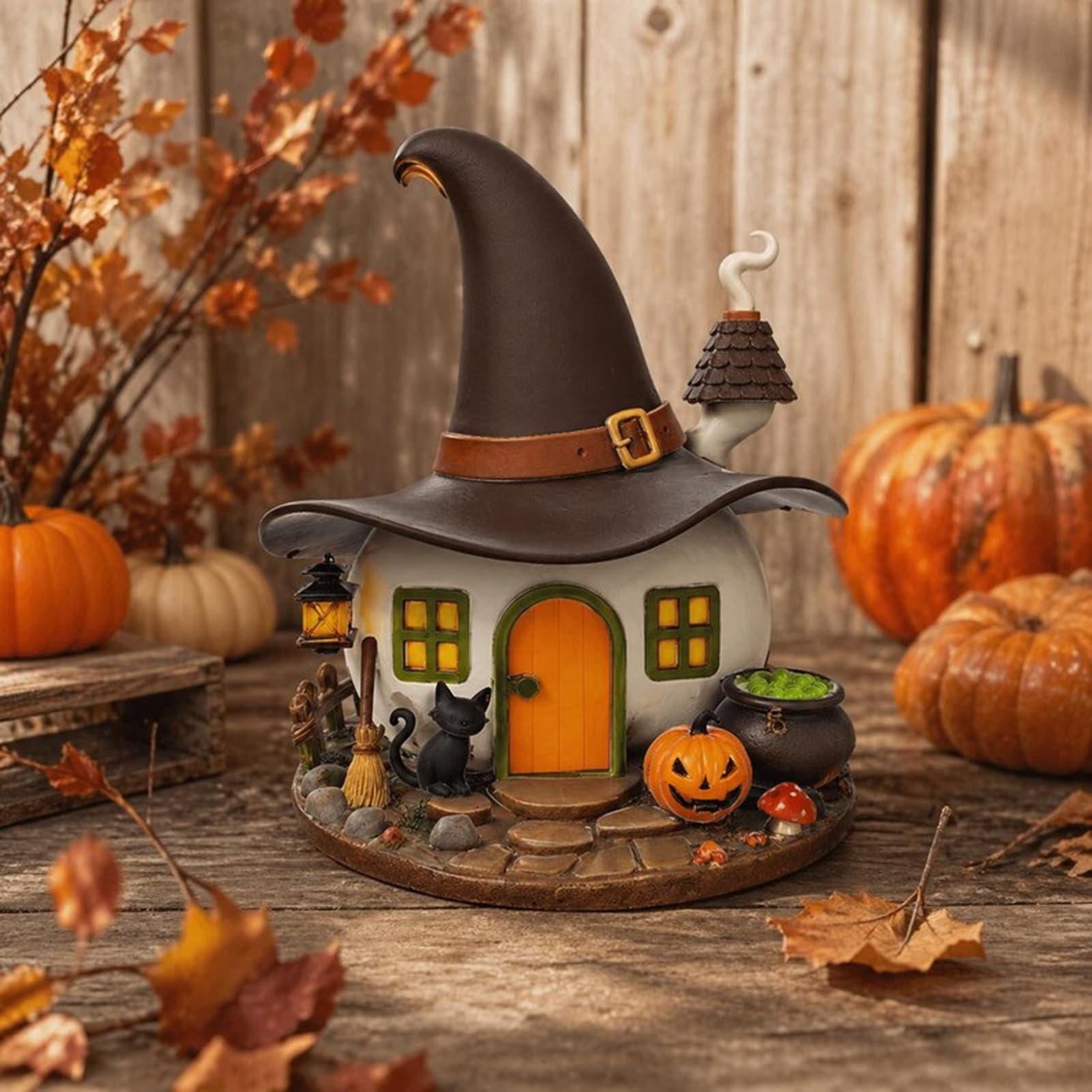 pidodou Halloween Witch House Ornament Decorative Desktop Resin Figurine with Black Cats Pumpkin Lanterns 3.94 Inch Spooky Holiday GiftA