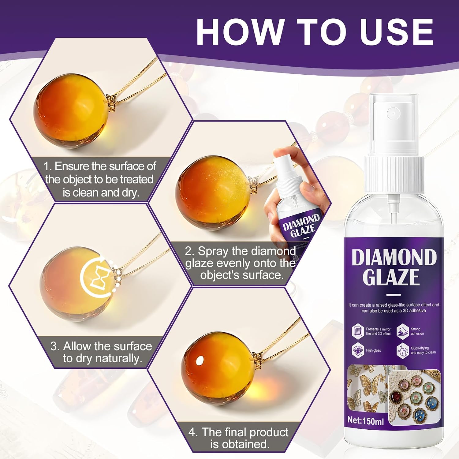 Diamond Glaze Clear, High Gloss High Adhesion Fast Drying for Creating Raised Effects on Handicrafts Jewelry Bracelets Glass and Can be Mixed with Dye Watercolors Pigments, 150ml