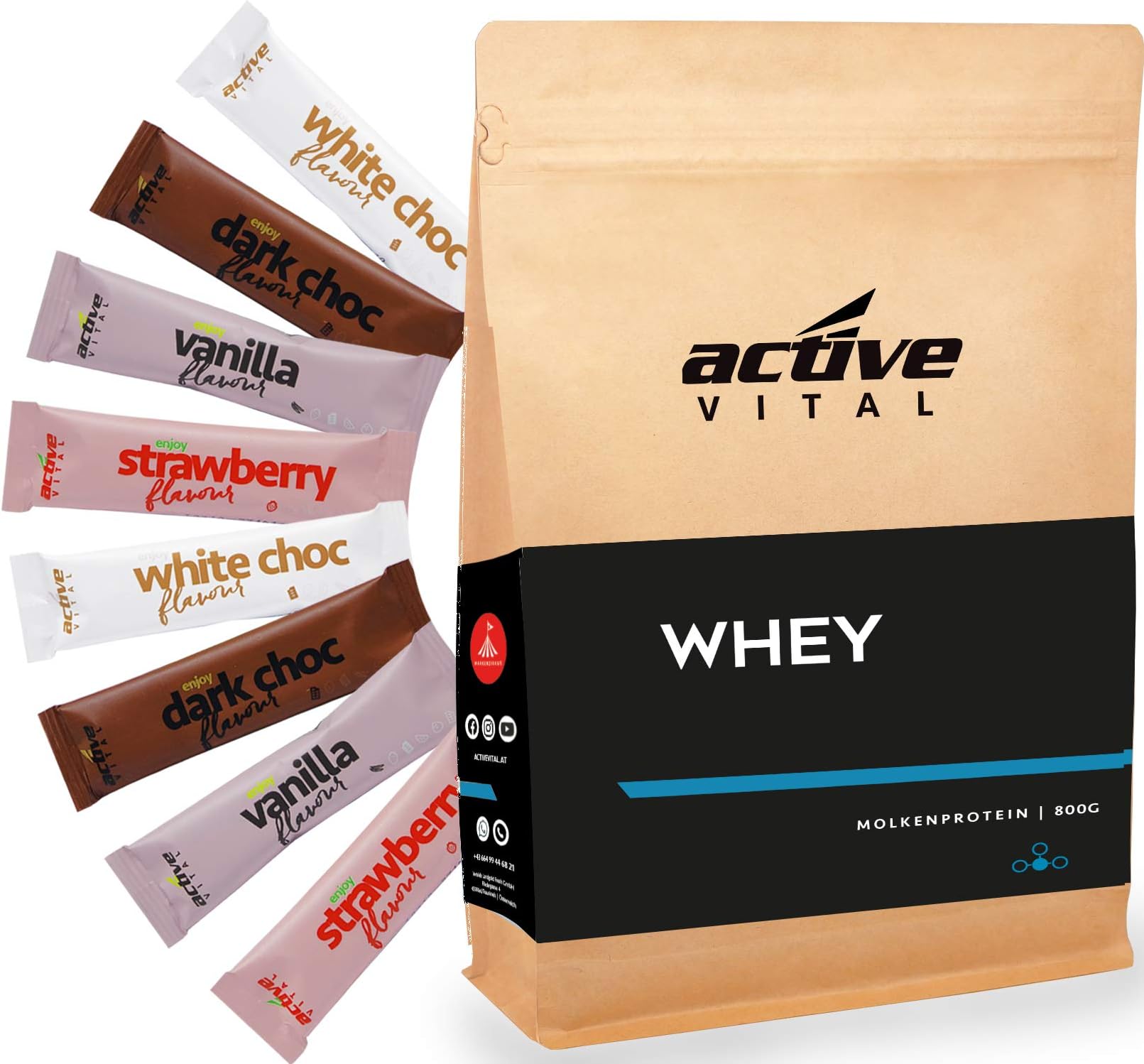 ACTIVEVITAL – Enjoy it Your WHEY – 450g Unflavored Protein Plus 18 Delicious Flavour Sticks – Rich Variety Brings You combinable Tastes