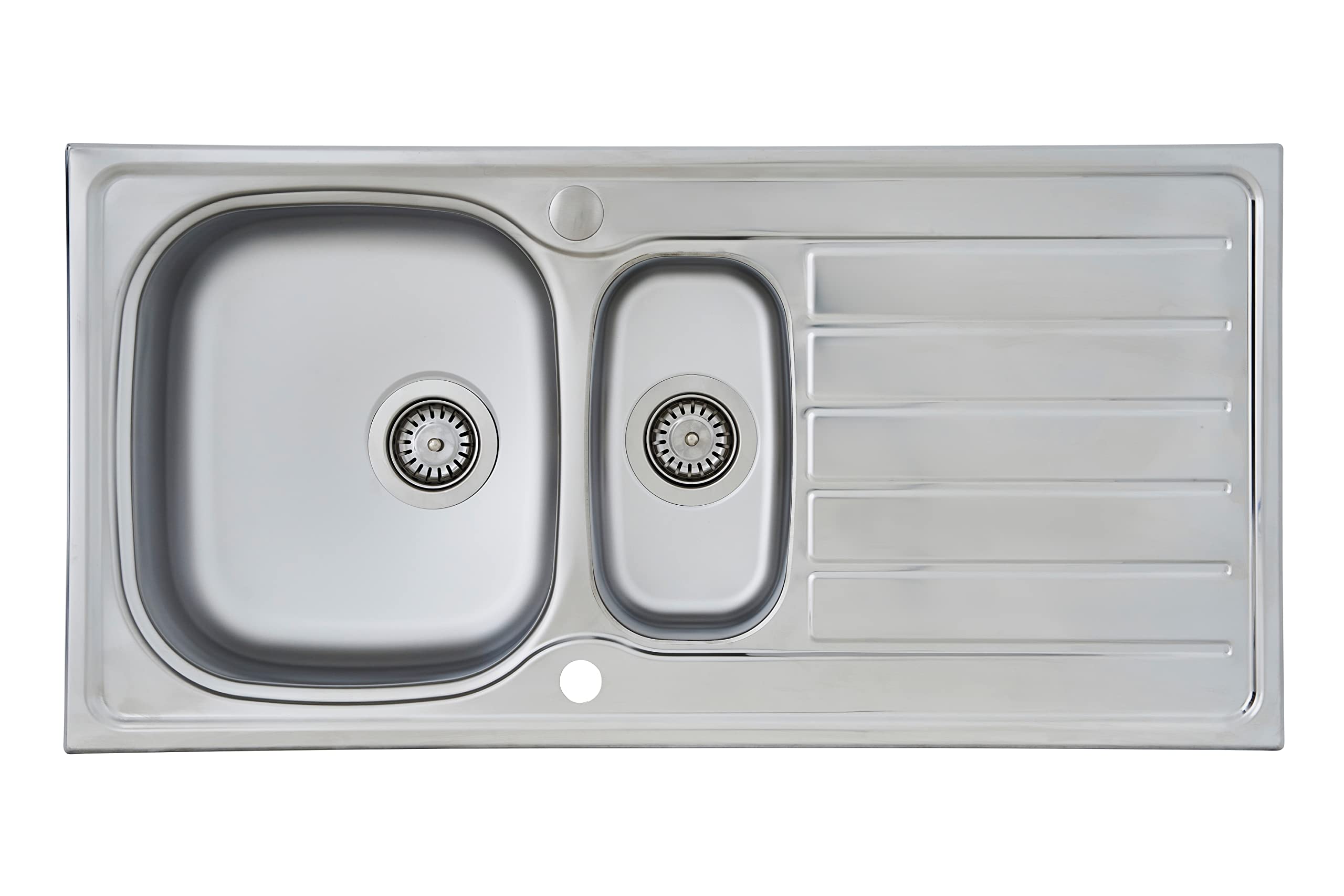 Top-down view of the Respekta Dallas stainless steel kitchen sink with double bowls and drainer.