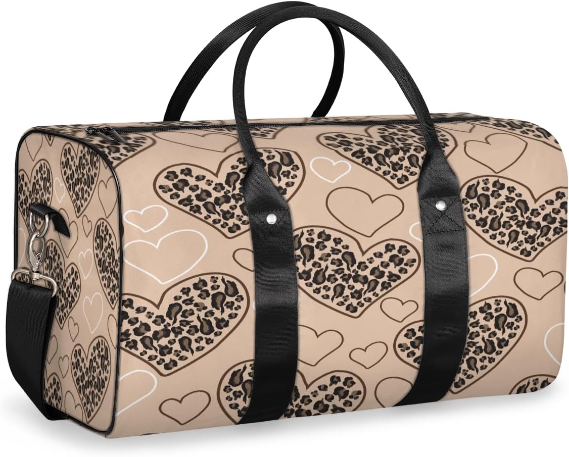 Hand Painted Leopard Heart Travel Duffel Bag for Women Men Large Capacity Overnight Weekender Bags for Lightweight Waterproof Sport Gym Bag for Workout Yoga Swim