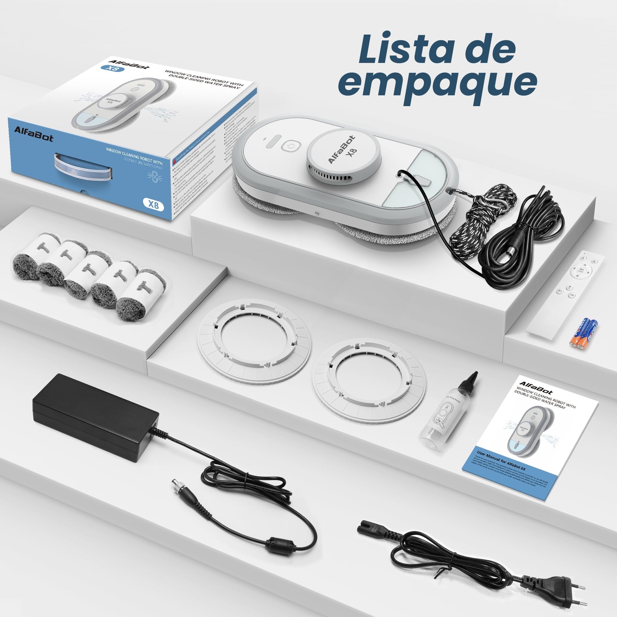 AlfaBot X8 Robot Limpiaventanas Eléctrico Inteligente, Limpieza Automática con Spray Bidireccional, Depósito 50ml, Aspiración 4980PA, Anti-Caída, para Ventanas, Espejos y Superficies de Cristal