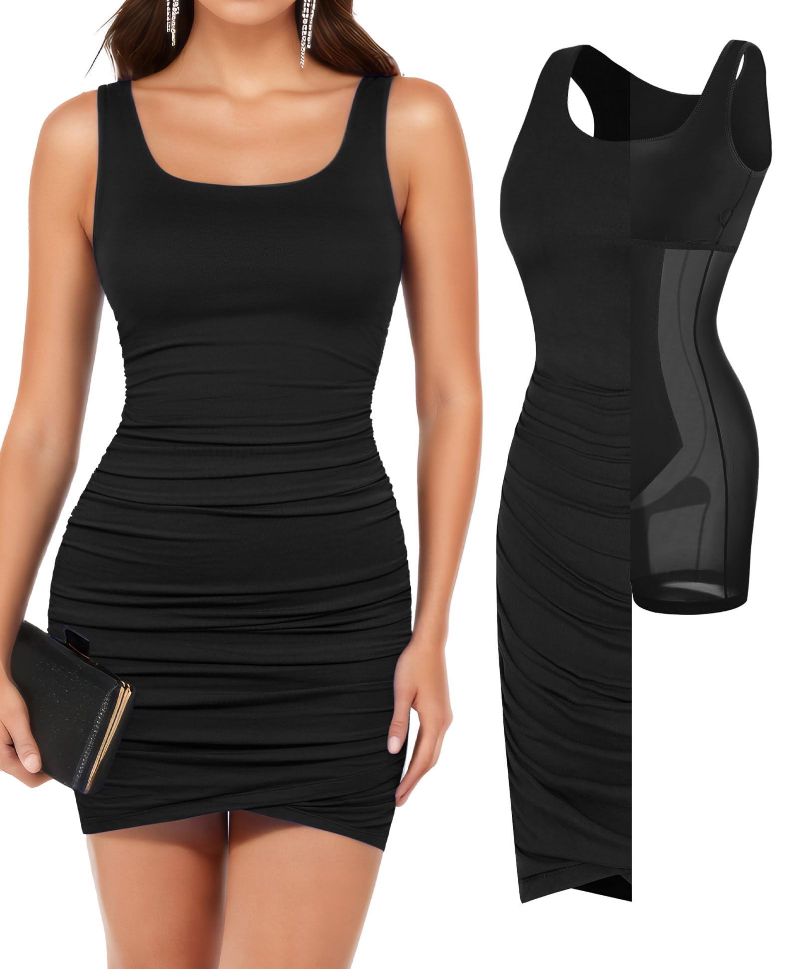 Popilush Mini Dresses for Women U-Neck Shapewear Tummy Control Bodycon Ruched Dress Party Club Date Night Going Out: X-Small Black