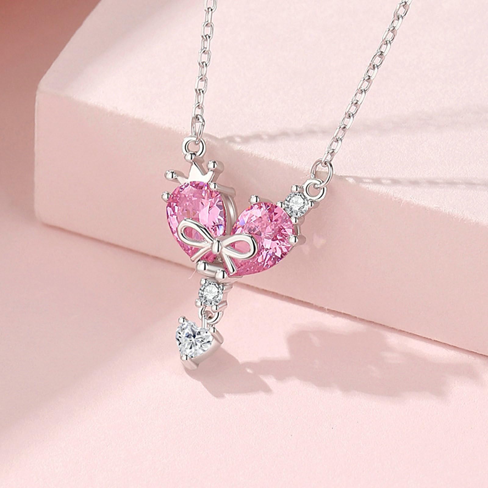 Collar para mujer, joyería de moda, oro blanco de 9 quilates, 14 quilates, 18 quilates, collar de platino, con colgante de corazón y lazo con zafiro rosa creado en laboratorio, 45 cm