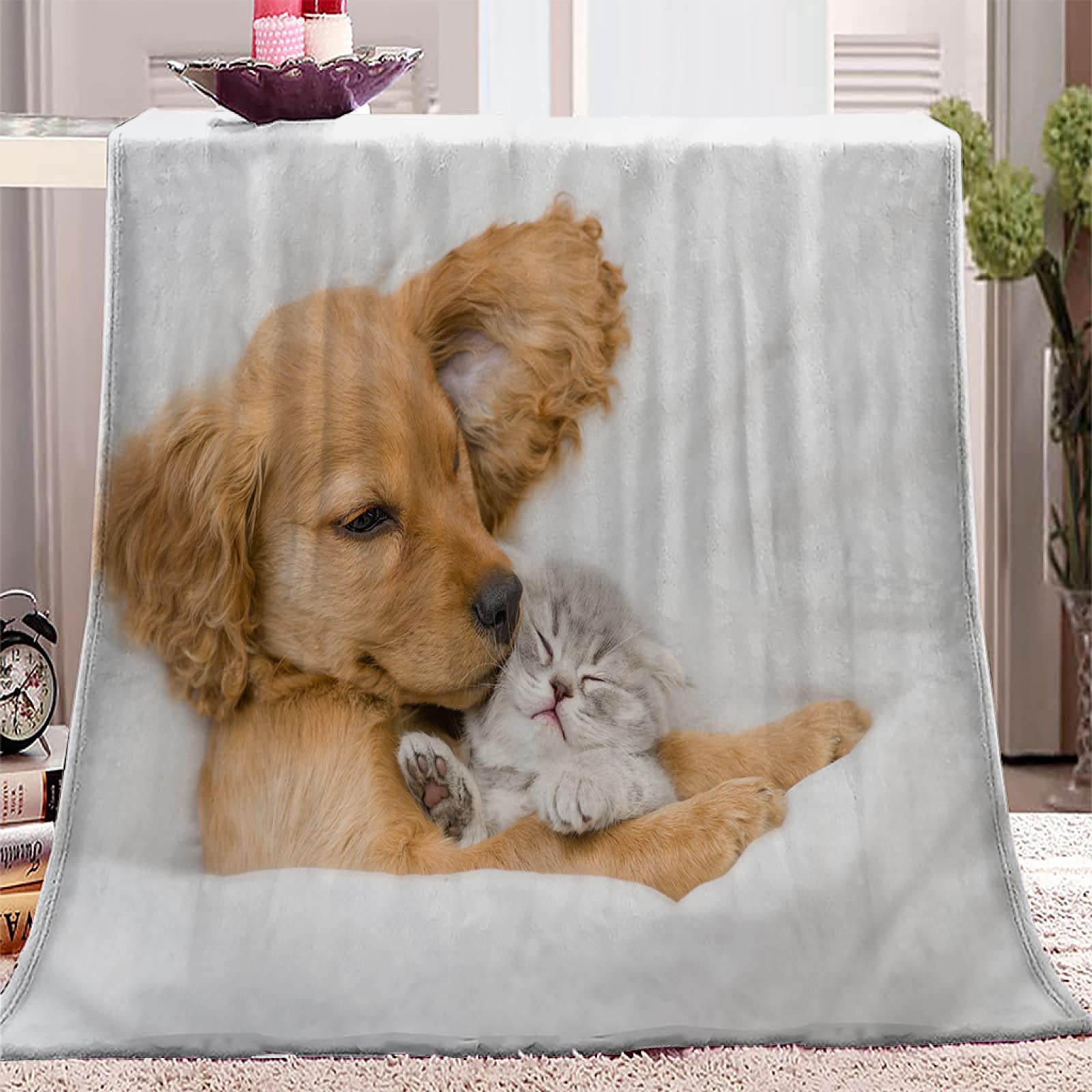 Couverture Polaire 180x200 cm Golden Retriever, Plaid Polaire Golden Retriever Flanelle 2 Personnes, 3D Imprimée Couvertures et Plaids Doux et Chaud for Canape Lit