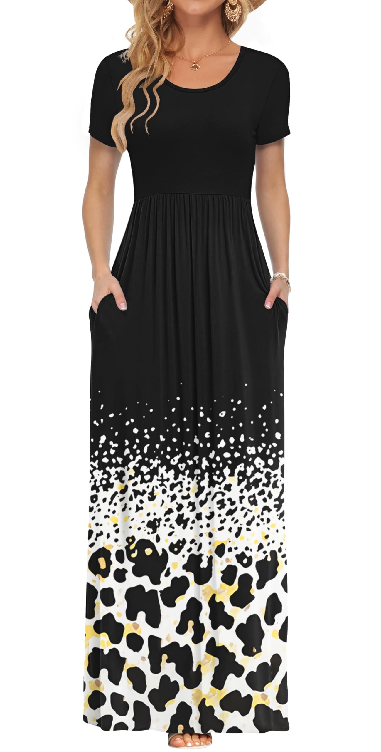 AUSELILY Women's Summer Short Sleeve Loose Plain Casual Long Maxi Dresses | Year Round wear solid floral print, Casual wear, Empire waist, Floor length, Side pockets