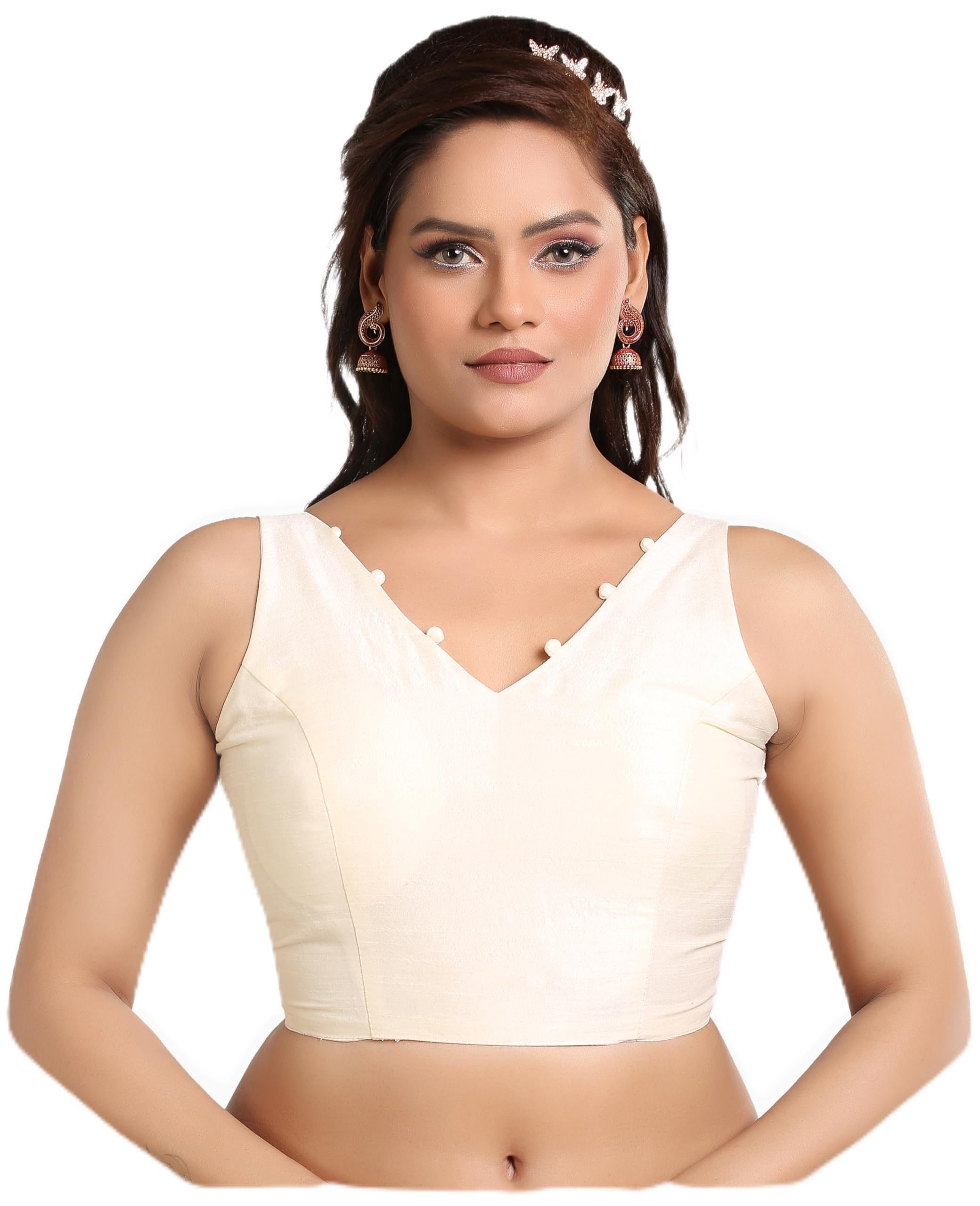Madhu Fashion Women's Sleeveless Solid Pattern V Neck Readymade Saree Blouse