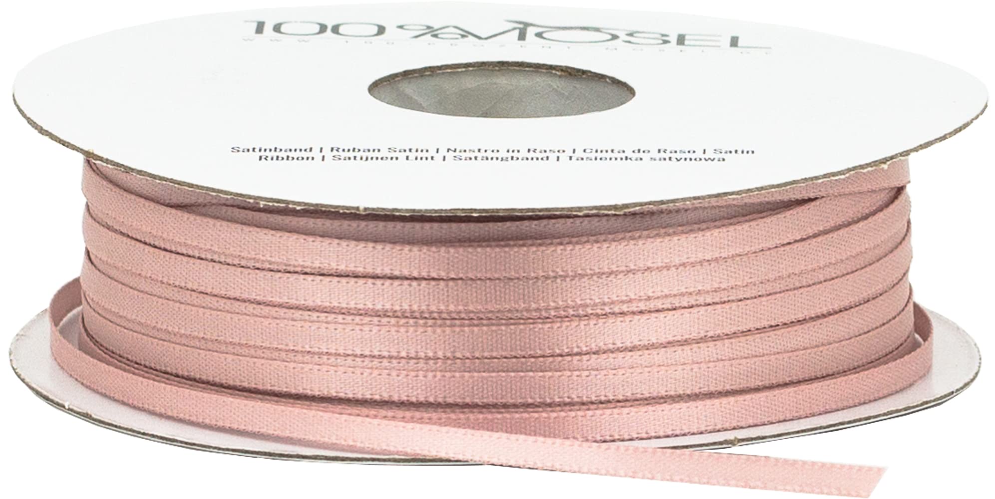 100% Mosel Satinband, in Blush Rosé (3 mm x 100 m), matt glänzendes Geschenkband, edles Schleifenband zum Dekorieren & Basteln, zum Einpacken besonderer Geschenke, für Hochzeiten, Taufen, uvm.