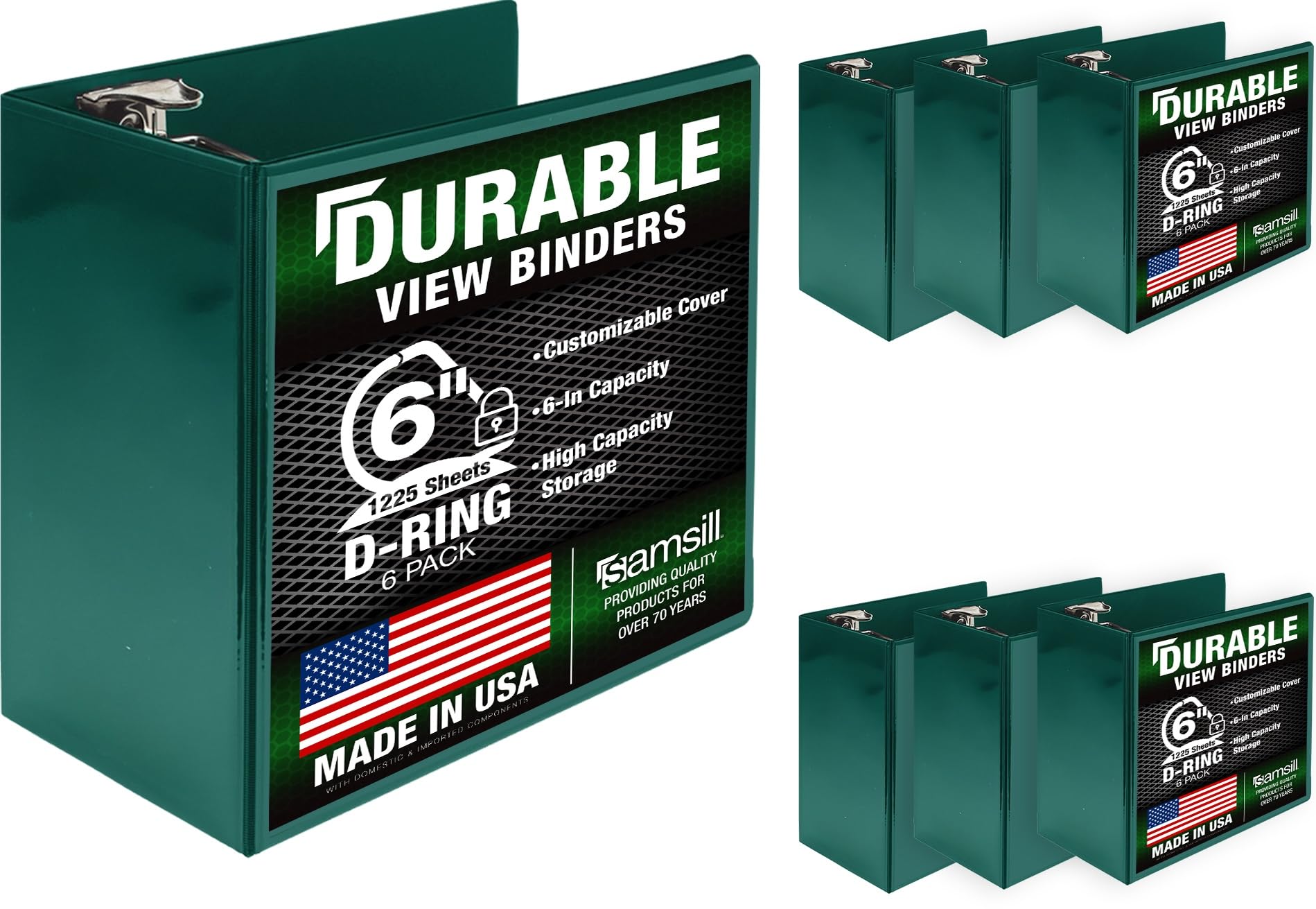Samsill Durable 6 inch 3 Ring Binder, Locking D Ring Binder, Customizable Clear View Cover, Green, 6-Pack, Holds 1225 Pages
