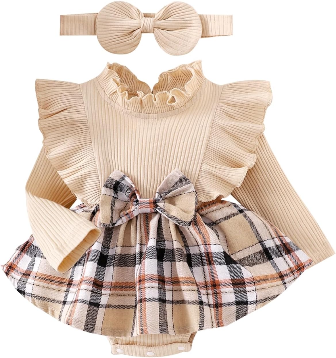 Baby Girl Clothes Cute Plaid Romper Dress Ruffle Long Sleeve One-piece Jumpsuit Bodysuit with Bow Headband